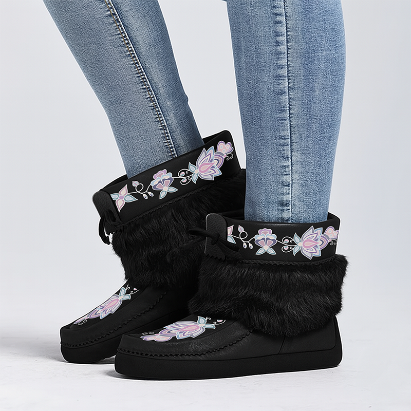 Snow Petal Spirit Black Leather MocLux Ankle with Fur