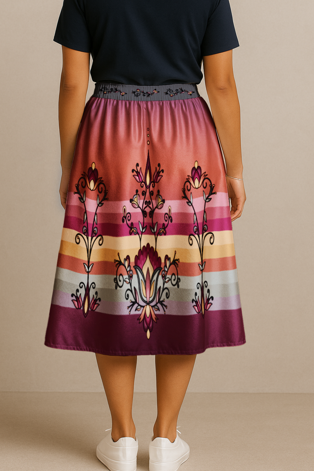 Crimson Drift Petals Midi Skirt