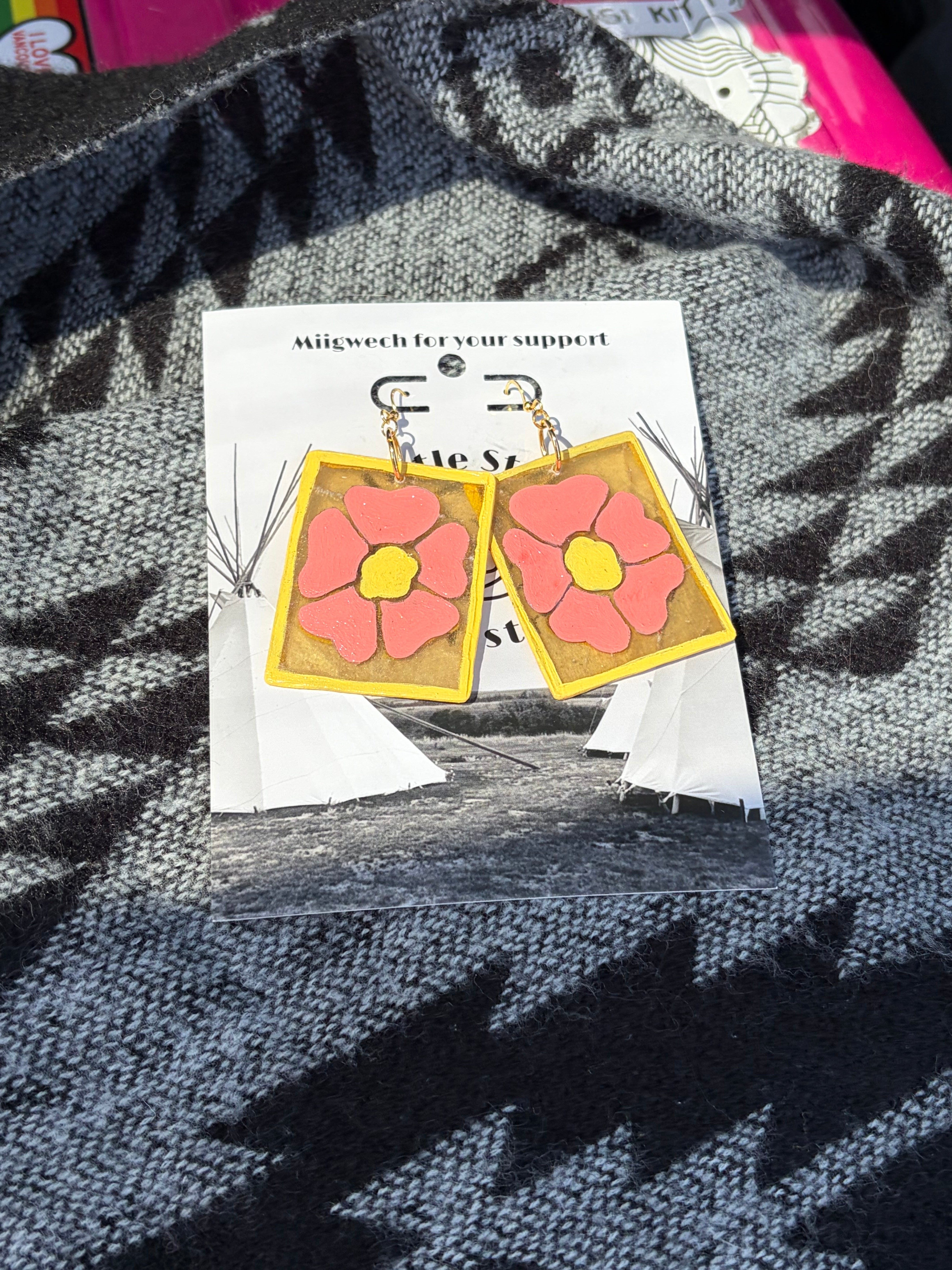 Dorienne Proulx Prairie Rose Painted Hide Earrings (Rectangle)