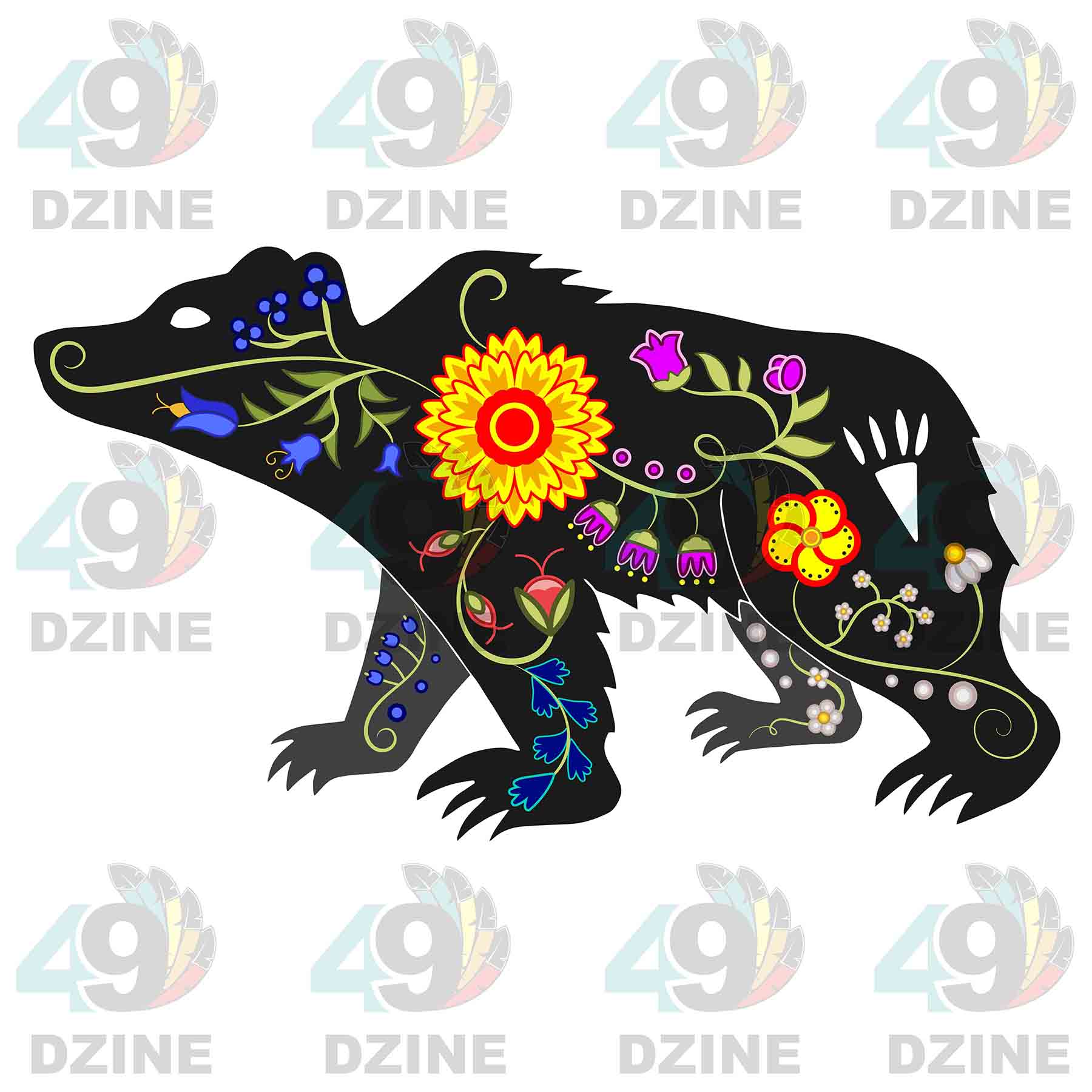 Floral Bear Walk Black UV Sticker